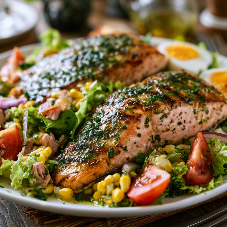 Salmón a la plancha con ensalada